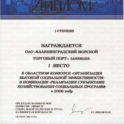 1 место в конкурсе «Организация высокой социальной эффективности», 2006 год
